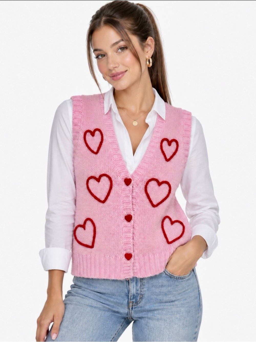 Forever & Ever Pink Knit Heart Sweater Vest Red Velvet Buttons Med Coquette Y2K